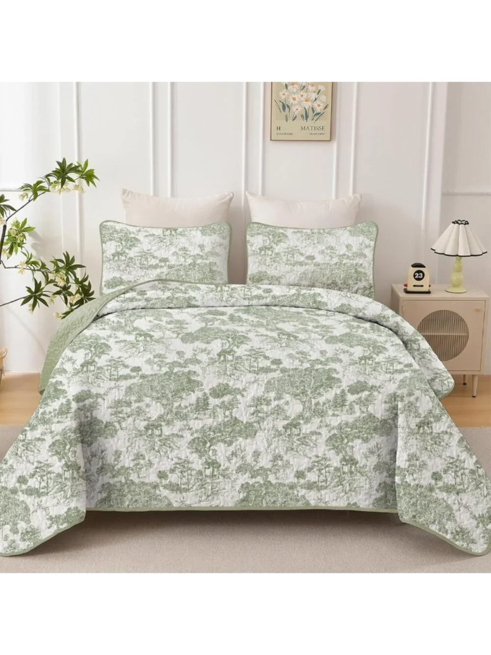 Sage Green King Quilt Set - Reversible Floral Botanical Bedding, 3-Piece